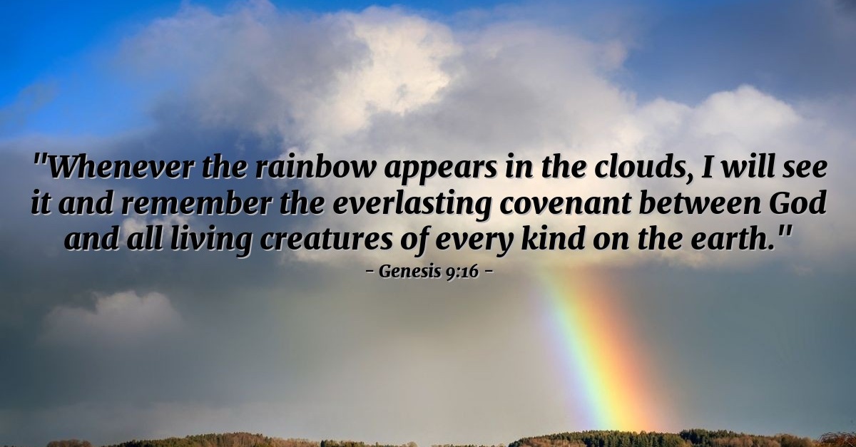 Genesis 9:14-16 Whenever I bring clouds over the earth and the rainbow  appears in the clouds, I will remember my covenant between me and you and  all living creatures of every kind.