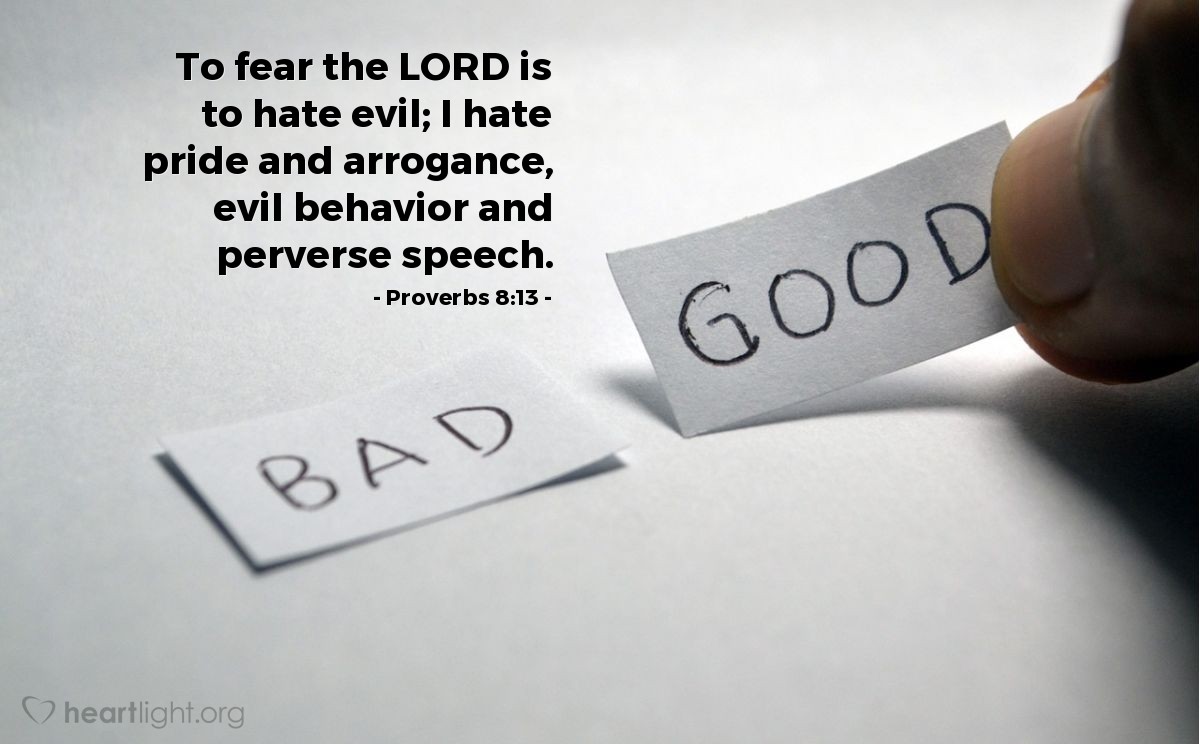 Proverbs 8:13 | To fear the LORD is to hate evil; I hate pride and arrogance, evil behavior and perverse speech.