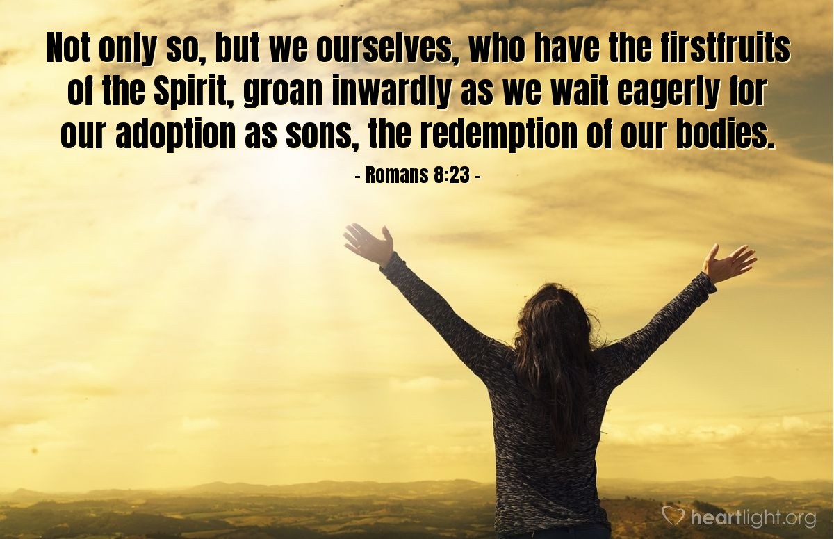 Romans 8:23 | Not only so, but we ourselves, who have the firstfruits of the Spirit, groan inwardly as we wait eagerly for our adoption as sons, the redemption of our bodies.