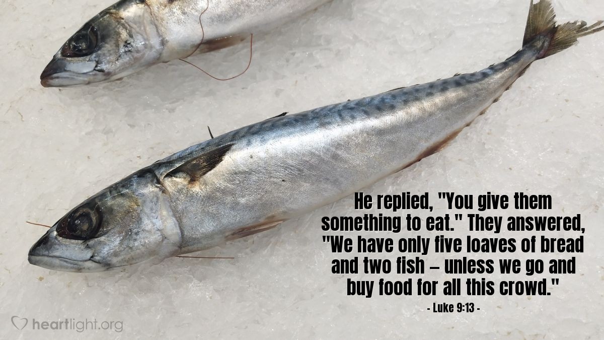 Illustration of Luke 9:13 — He replied, "You give them something to eat." They answered, "We have only five loaves of bread and two fish — unless we go and buy food for all this crowd."