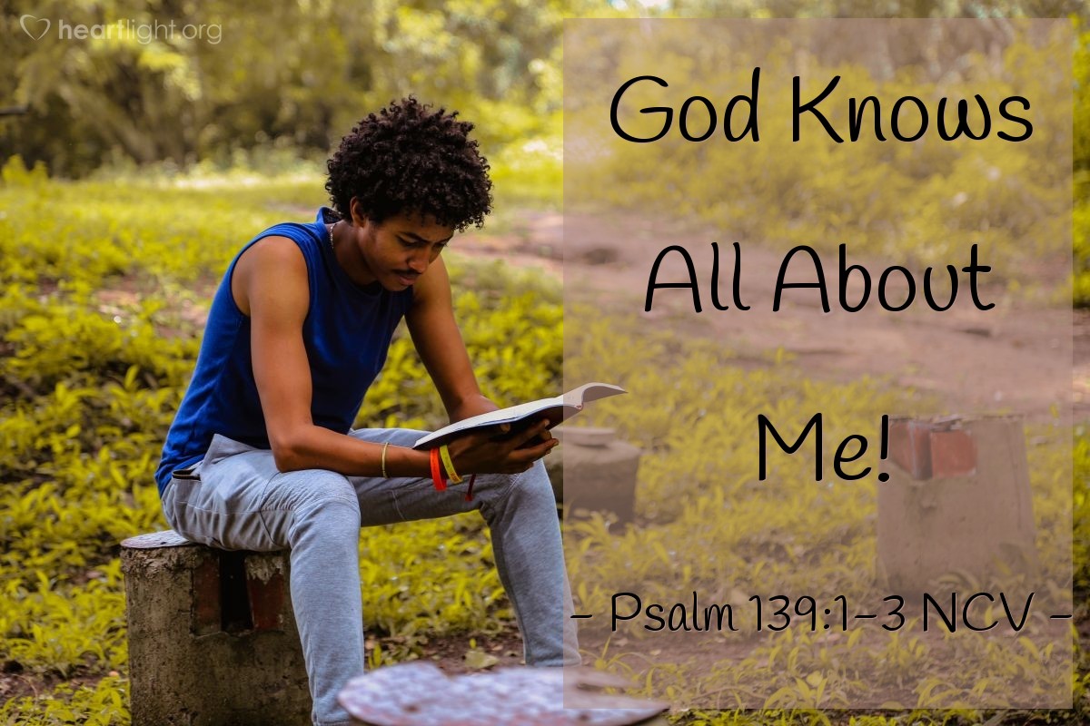 Illustration of Psalm 139:1-3 NCV — Lord, you have examined me and know all about me. You know when I sit down and when I get up. You know my thoughts before I think them. You know where I go and where I lie down.  You know everything I do.