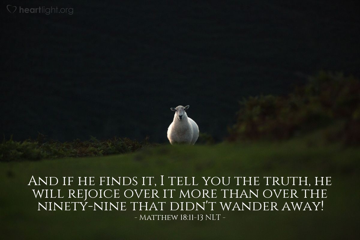 Illustration of Matthew 18:11-13 NLT — If a man has a hundred sheep and one of them wanders away, what will he do? Won't he leave the ninety-nine others on the hills and go out to search for the one that is lost?  And if he finds it, I tell you the truth, he will rejoice over it more than over the ninety-nine that didn't wander away!