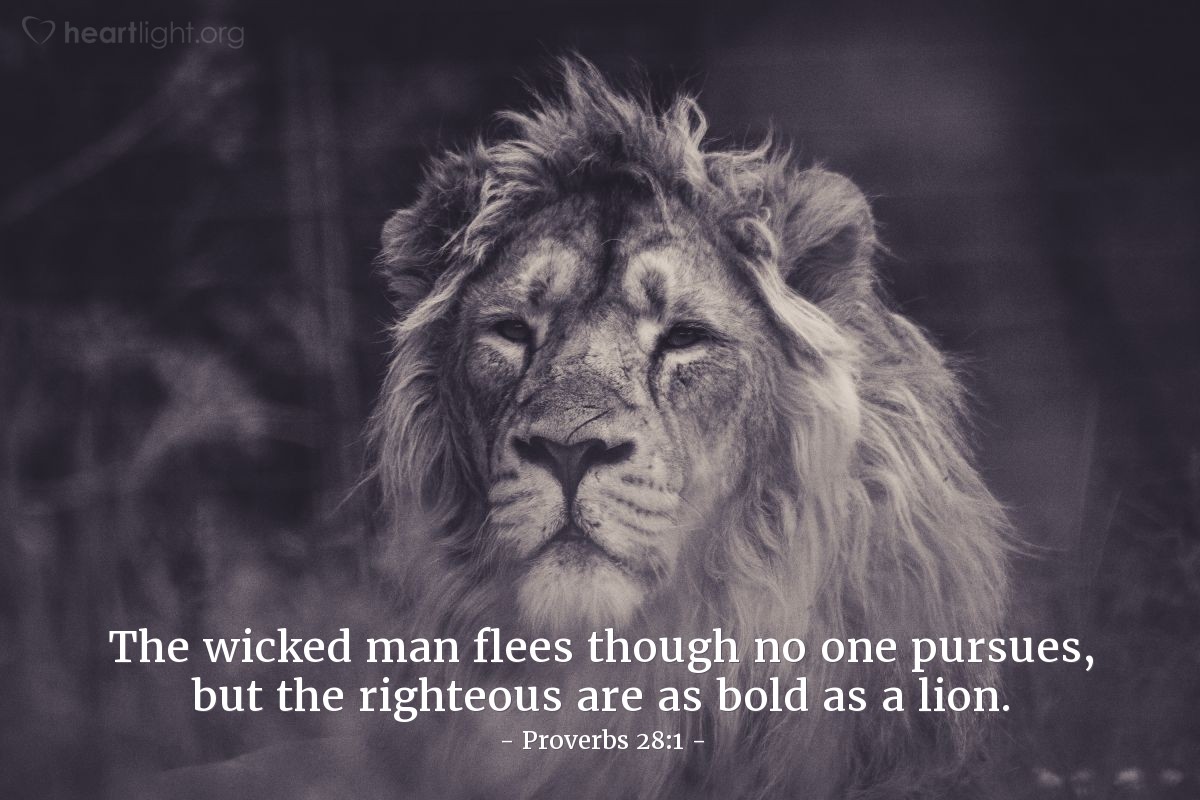 Illustration of Proverbs 28:1 — The wicked man flees though no one pursues, but the righteous are as bold as a lion.