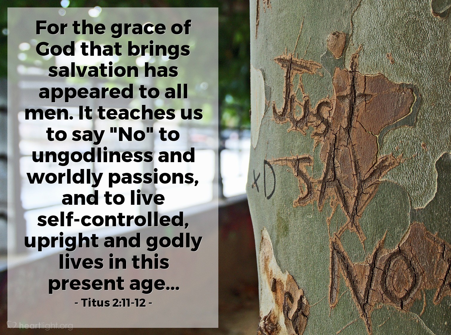 Titus 2:11-12 | For the grace of God that brings salvation has appeared to all men. It teaches us to say "No" to ungodliness and worldly passions, and to live self-controlled, upright and godly lives in this present age...