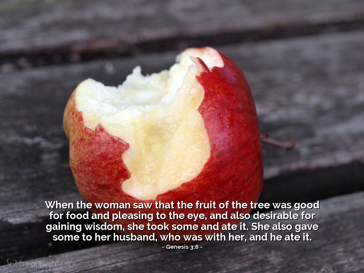 Illustration of Genesis 3:6 — When the woman saw that the fruit of the tree was good for food and pleasing to the eye, and also desirable for gaining wisdom, she took some and ate it. She also gave some to her husband, who was with her, and he ate it.