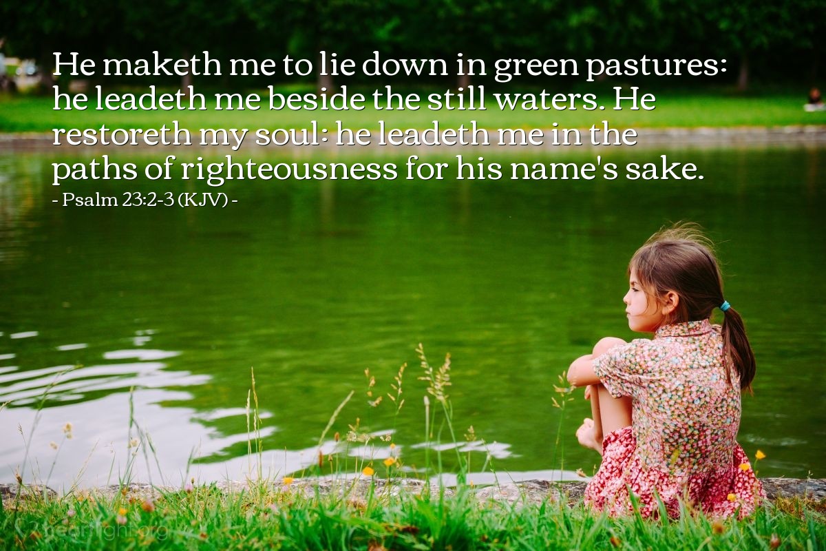 Illustration of Psalm 23:2-3 (KJV) — He maketh me to lie down in green pastures: he leadeth me beside the still waters. He restoreth my soul: he leadeth me in the paths of righteousness for his name's sake.