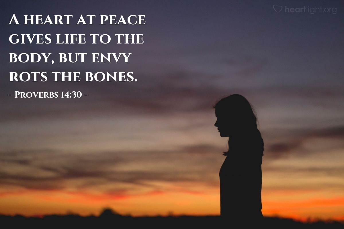 Illustration of Proverbs 14:30 â A heart at peace gives life to the body, but envy rots the bones.