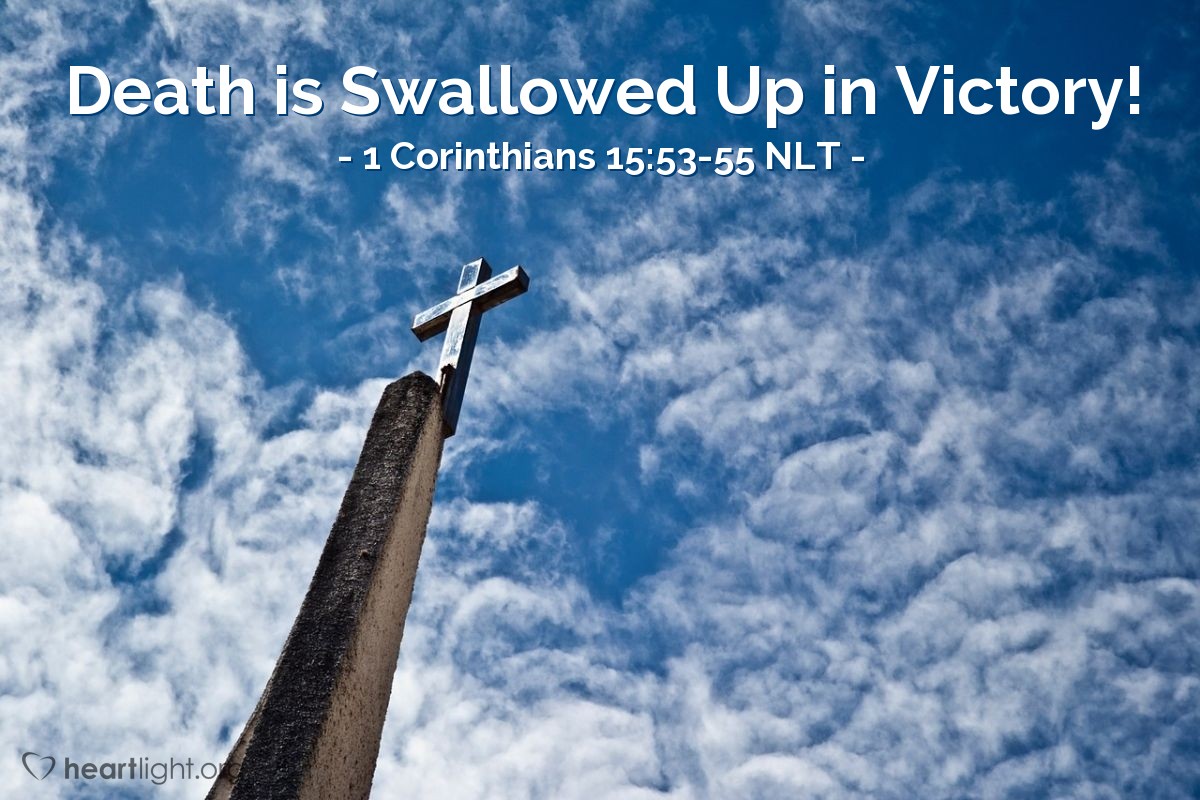 Illustration of 1 Corinthians 15:53-55 NLT — For our dying bodies must be transformed into bodies that will never die; our mortal bodies must be transformed into immortal bodies. Then, when our dying bodies have been transformed into bodies that will never die, this Scripture will be fulfilled: "Death is swallowed up in victory. O death, where is your victory? O death, where is your sting?" For sin is the sting that results in death, and the law gives sin its power. But thank God! He gives us victory over sin and death through our Lord Jesus Christ.