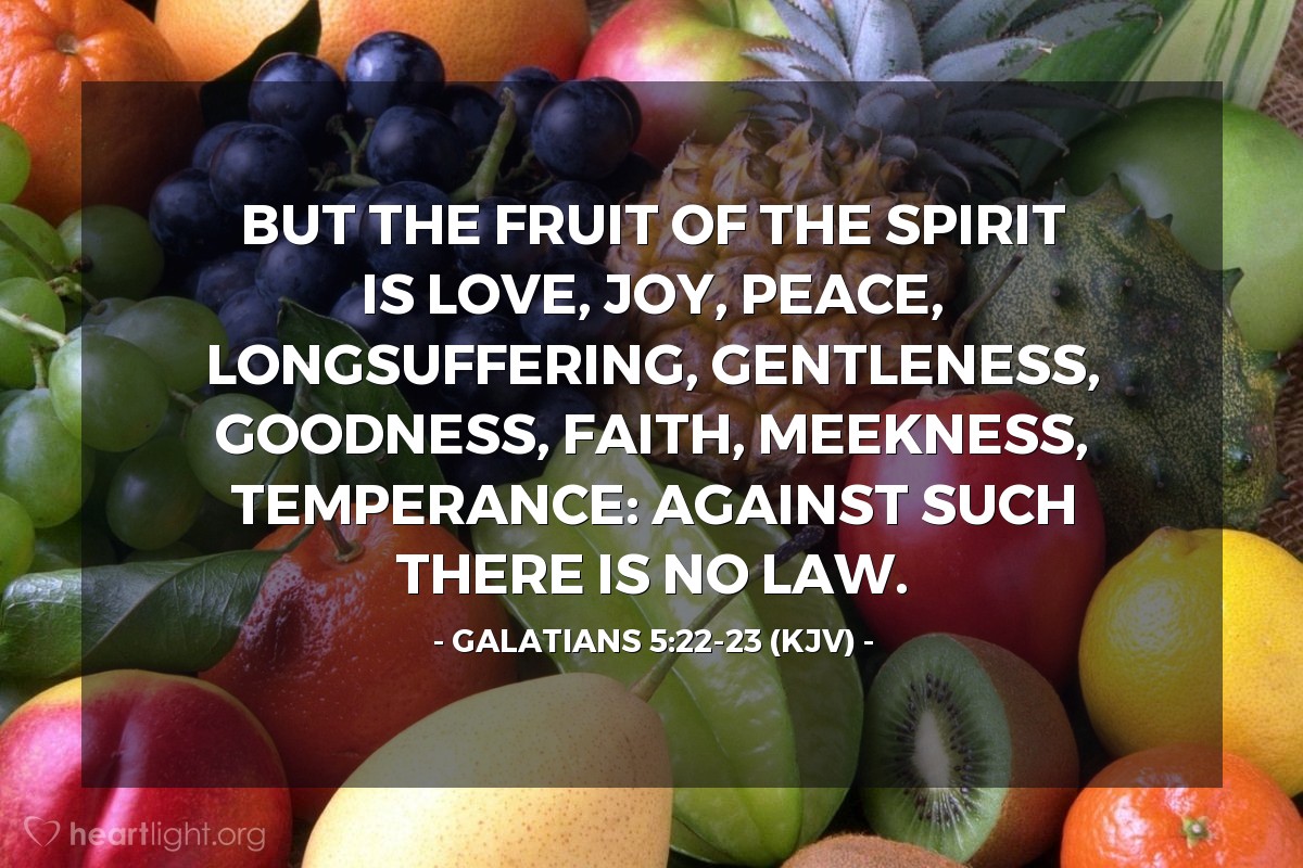 Illustration of Galatians 5:22-23 (KJV) — But the fruit of the Spirit is love, joy, peace, longsuffering, gentleness, goodness, faith, Meekness, temperance: against such there is no law.