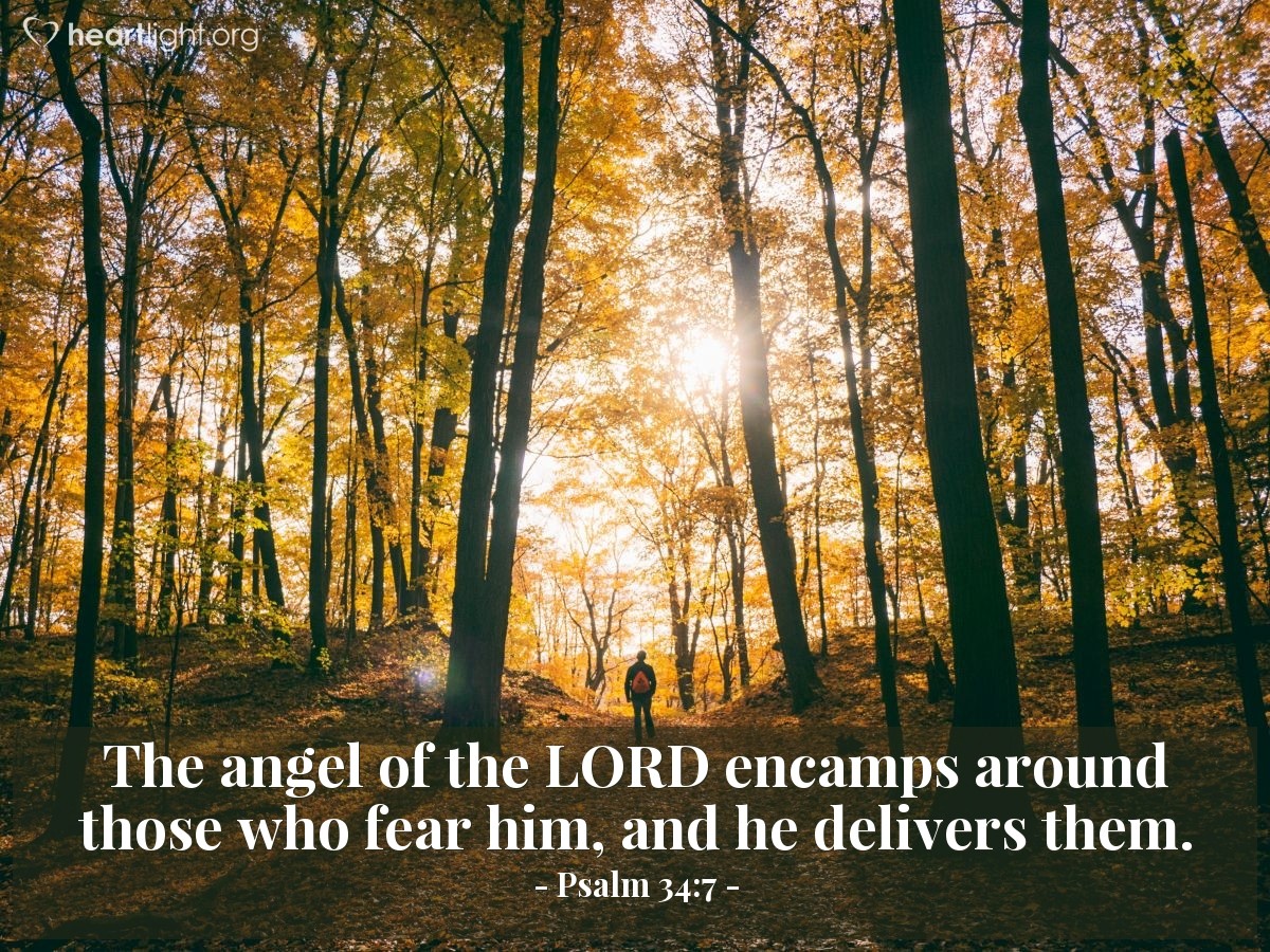 Illustration of Psalm 34:7 — The angel of the LORD encamps around those who fear him, and he delivers them.