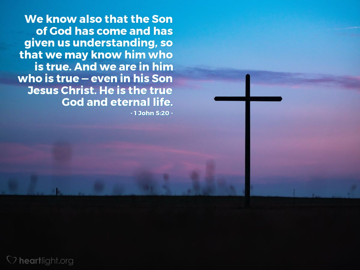 1 John 5:20 | We know also that the Son of God has come and has given us understanding, so that we may know him who is true. And we are in him who is true — even in his Son Jesus Christ. He is the true God and eternal life.
