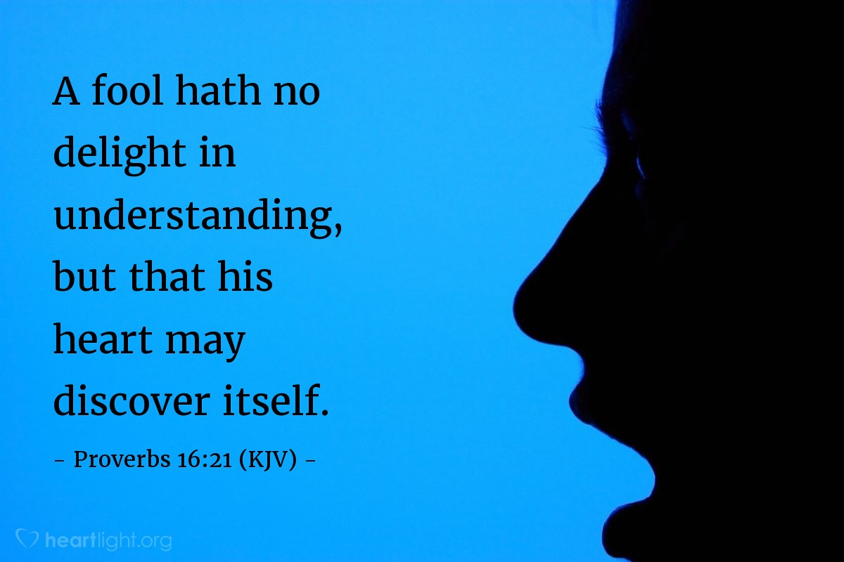Illustration of Proverbs 16:21 (KJV) — A fool hath no delight in understanding, but that his heart may discover itself.