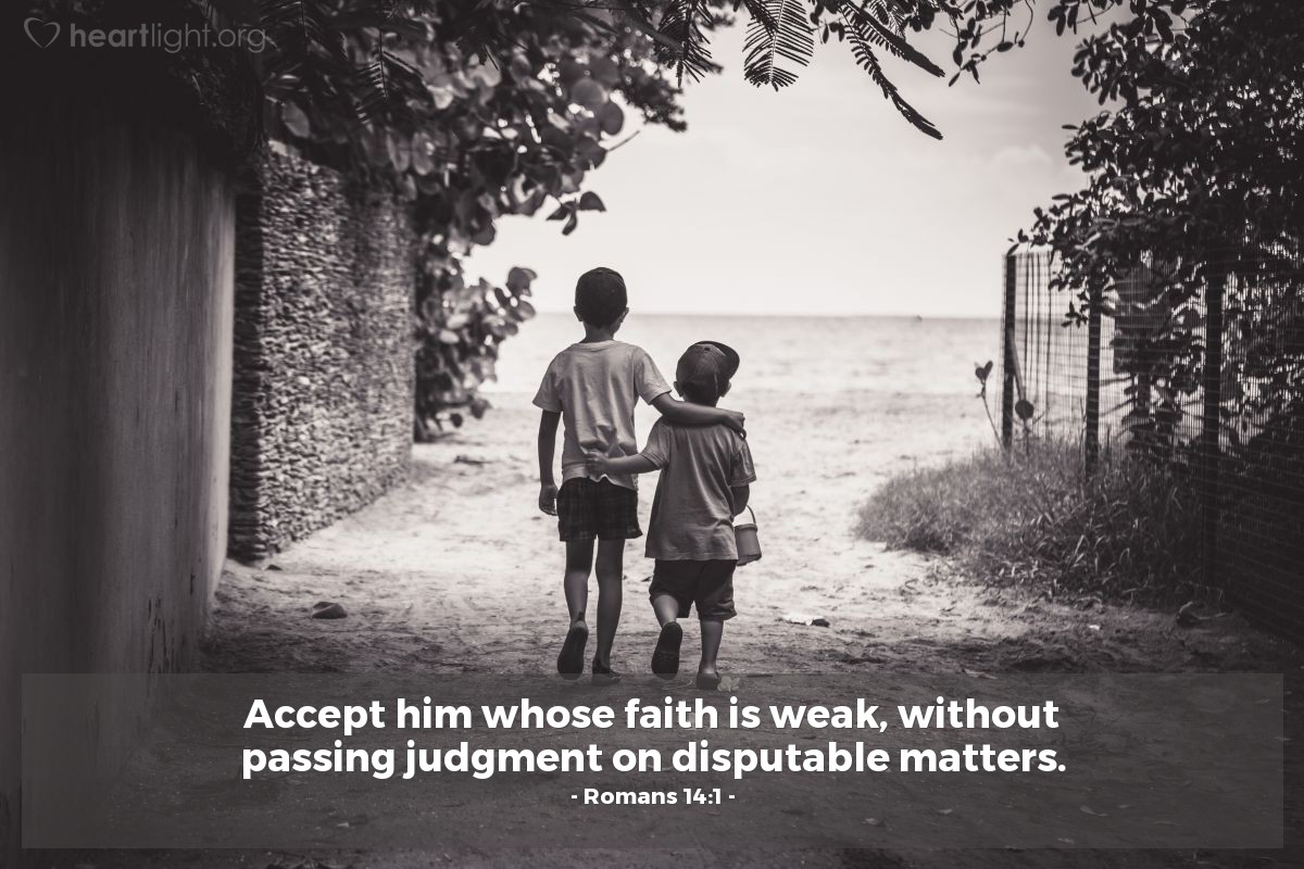 Romans 14:1 | Accept him whose faith is weak, without passing judgment on disputable matters.