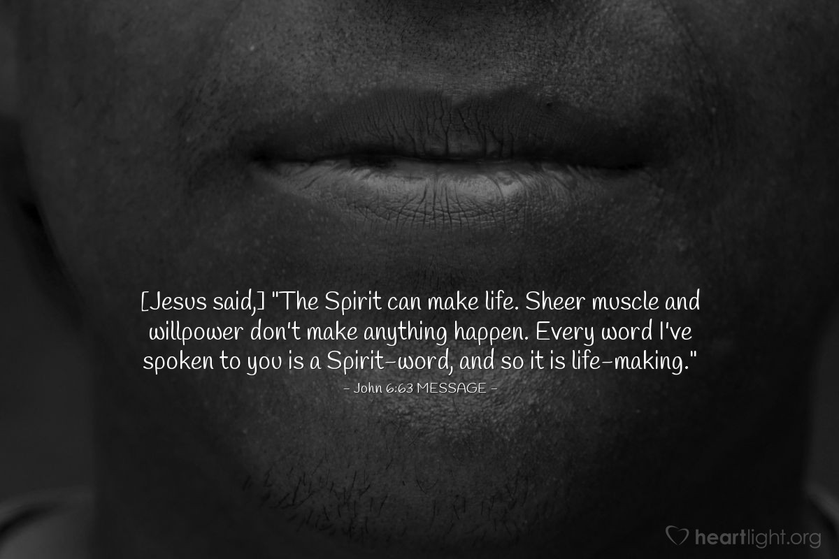 Illustration of John 6:63 MESSAGE — [Jesus said,] "The Spirit can make life. Sheer muscle and willpower don't make anything happen. Every word I've spoken to you is a Spirit-word, and so it is life-making."