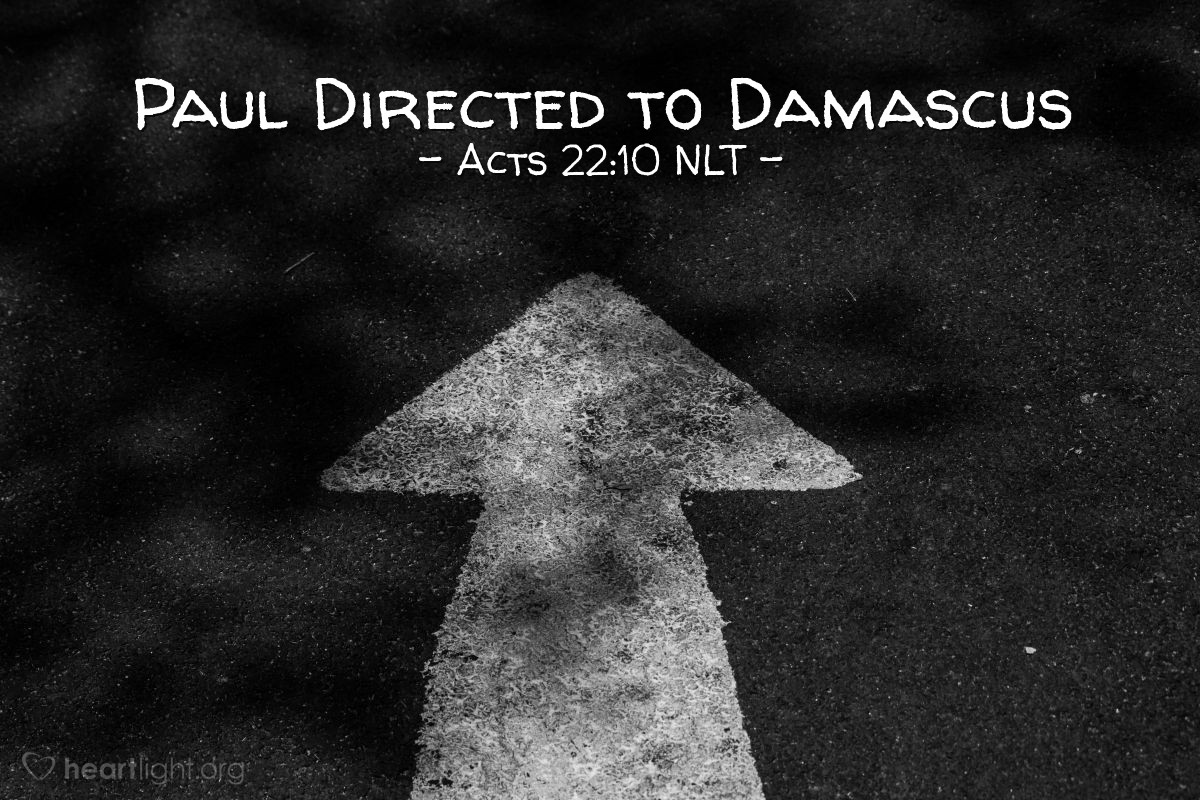 Illustration of Acts 22:10 NLT — [To his Jewish critics in Jerusalem, Paul recounted his meeting Jesus and changing his life:] "I asked, 'What should I do, Lord?'

"And the Lord told me, 'Get up and go into Damascus, and there you will be told everything you are to do.'"
