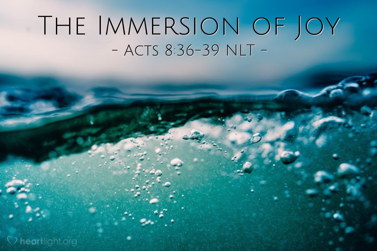 Illustration of Acts 8:36-39 NLT — As [Philip and the Ethiopian eunuch] rode along, they came to some water, and the eunuch said, "Look! There's some water! Why can't I be baptized?" He ordered the carriage to stop, and they went down into the water, and Philip baptized him.

When they came up out of the water, the Spirit of the Lord snatched Philip away. The eunuch never saw him again but went on his way rejoicing.