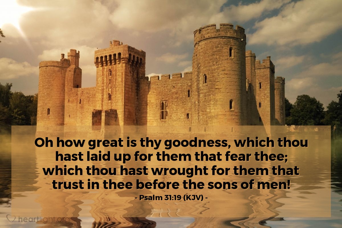 Illustration of Psalm 31:19 (KJV) — Oh how great is thy goodness, which thou hast laid up for them that fear thee; which thou hast wrought for them that trust in thee before the sons of men!

