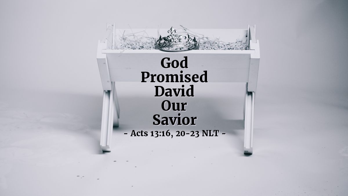 Illustration of Acts 13:16, 20-23 NLT — So Paul stood, lifted his hand to quiet [the people in the synagogue], and started speaking. "Men of Israel," he said, "and you God-fearing Gentiles, listen to me.

...

"All [of God's provision for Israel from Joseph's death through the leadership of Joshua] took about 450 years.

"After that, God gave them judges to rule until the time of Samuel the prophet. Then the people begged for a king, and God gave them Saul son of Kish, a man of the tribe of Benjamin, who reigned for forty years. But God removed Saul and replaced him with David, a man about whom God said, 'I have found David son of Jesse, a man after my own heart. He will do everything I want him to do.'

"And it is one of King David's descendants, Jesus, who is God's promised Savior of Israel!"