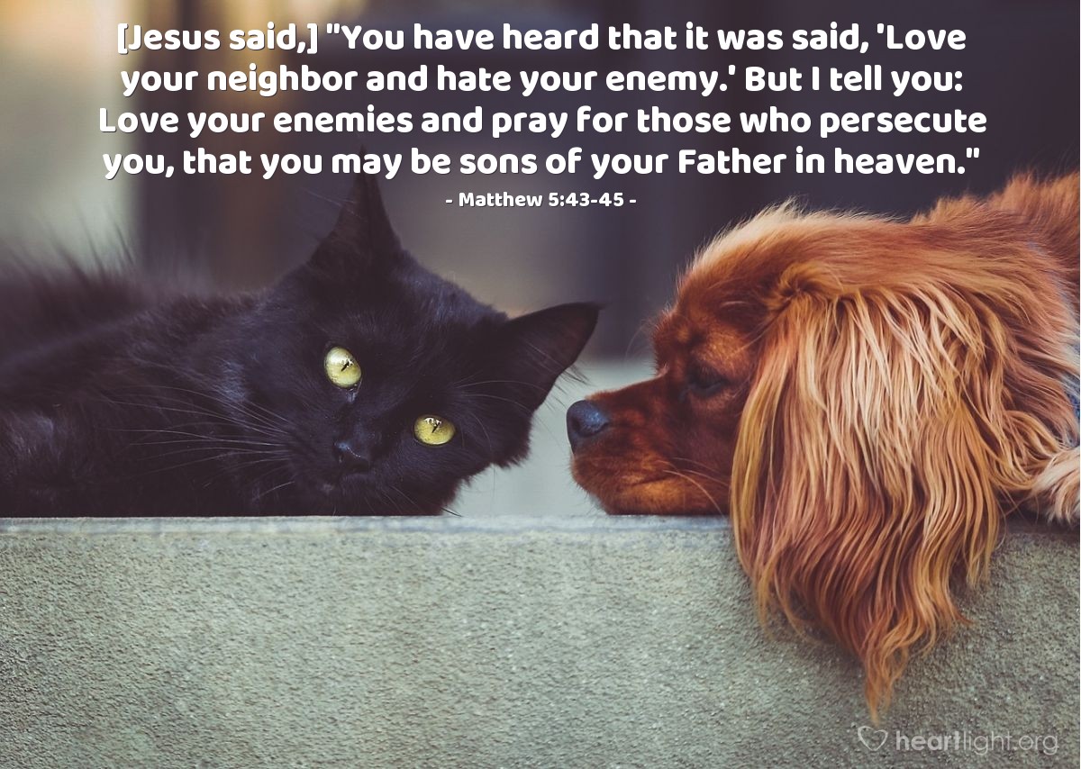 Matthew 5:43-45 | [Jesus said,] "You have heard that it was said, 'Love your neighbor and hate your enemy.' But I tell you: Love your enemies and pray for those who persecute you, that you may be sons of your Father in heaven."