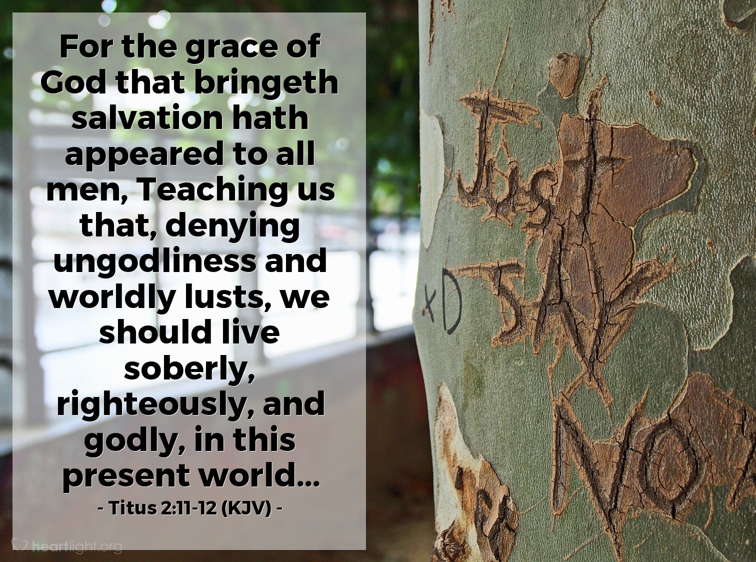 Illustration of Titus 2:11-12 (KJV) — For the grace of God that bringeth salvation hath appeared to all men, Teaching us that, denying ungodliness and worldly lusts, we should live soberly, righteously, and godly, in this present world...