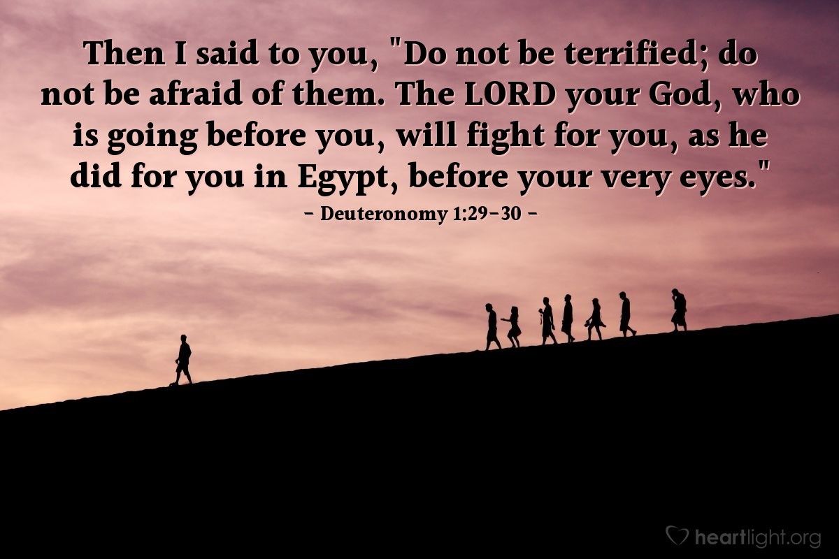 Deuteronomy 1:29-30 | Then I said to you, "Do not be terrified; do not be afraid of them. The LORD your God, who is going before you, will fight for you, as he did for you in Egypt, before your very eyes."