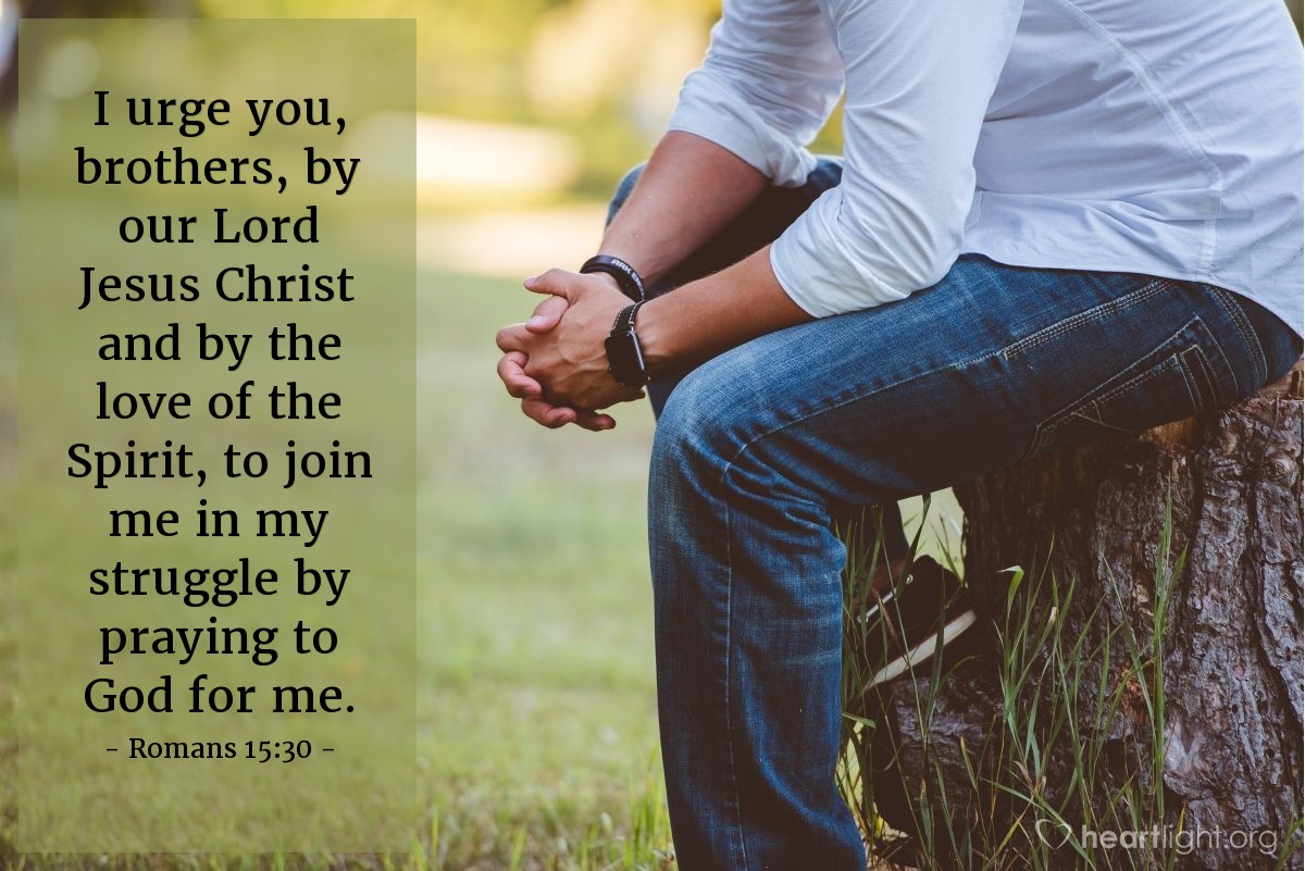 Romans 15:30 | I urge you, brothers, by our Lord Jesus Christ and by the love of the Spirit, to join me in my struggle by praying to God for me.