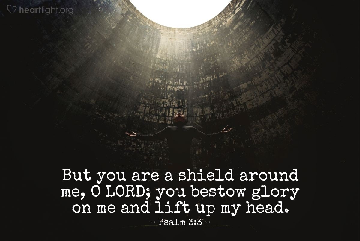 Illustration of Psalm 3:3 — But you are a shield around me, O Lord; you bestow glory on me and lift up my head.