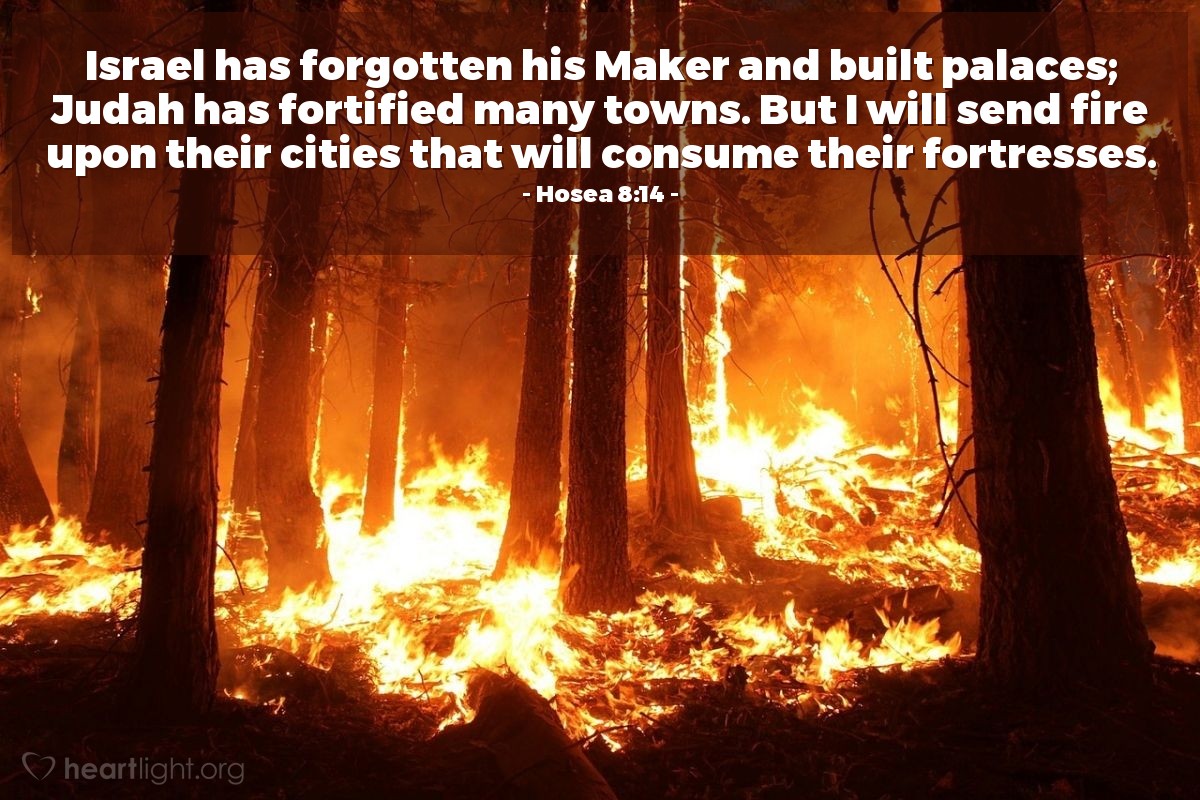 Illustration of Hosea 8:14 — Israel has forgotten his Maker and built palaces; Judah has fortified many towns. But I will send fire upon their cities that will consume their fortresses.