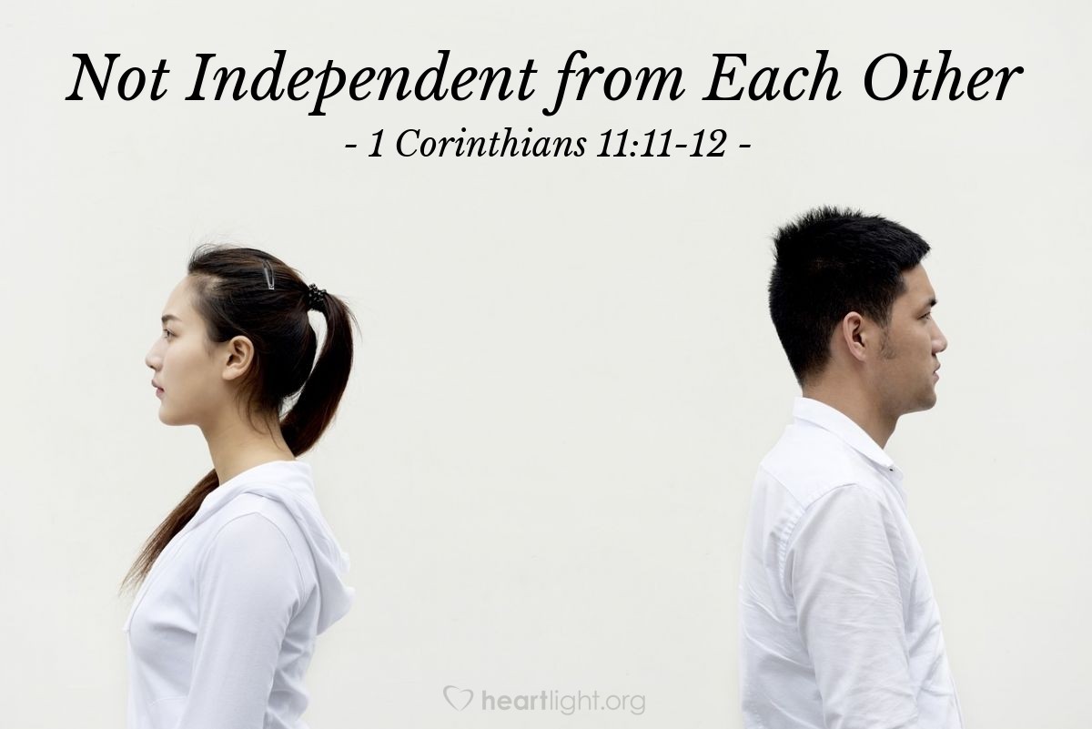 Illustration of 1 Corinthians 11:11-12 NLT — But among the Lord’s people, women are not independent of men, and men are not independent of women. For although the first woman came from man, every other man was born from a woman, and everything comes from God.