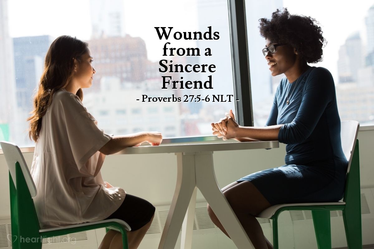 Illustration of Proverbs 27:5-6 NLT — An open rebuke         is better than hidden love!Wounds from a sincere friend         are better than many kisses from an enemy.