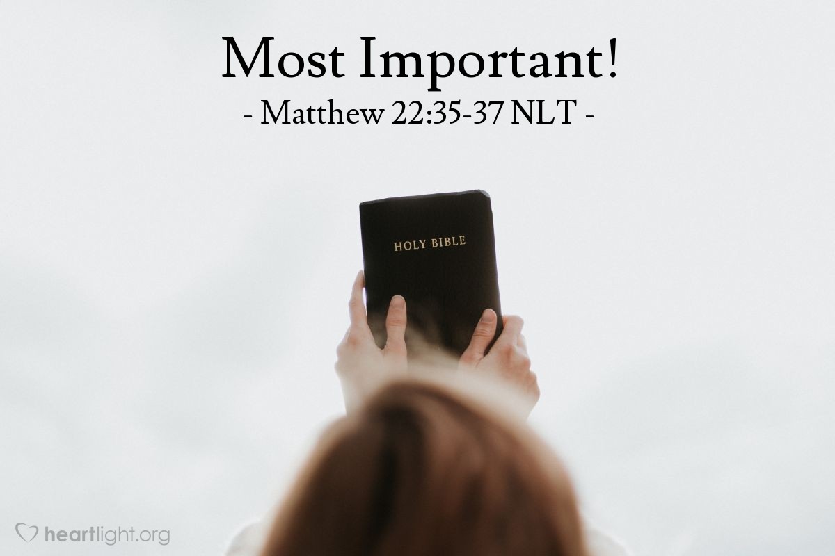 Illustration of Matthew 22:35-37 NLT — One of them, an expert in religious law, tried to trap [Jesus] with this question: "Teacher, which is the most important commandment in the law of Moses?"   Jesus replied, 'You must love the Lord your God with all your heart, all your soul, and all your mind.' This is the first and greatest commandment."