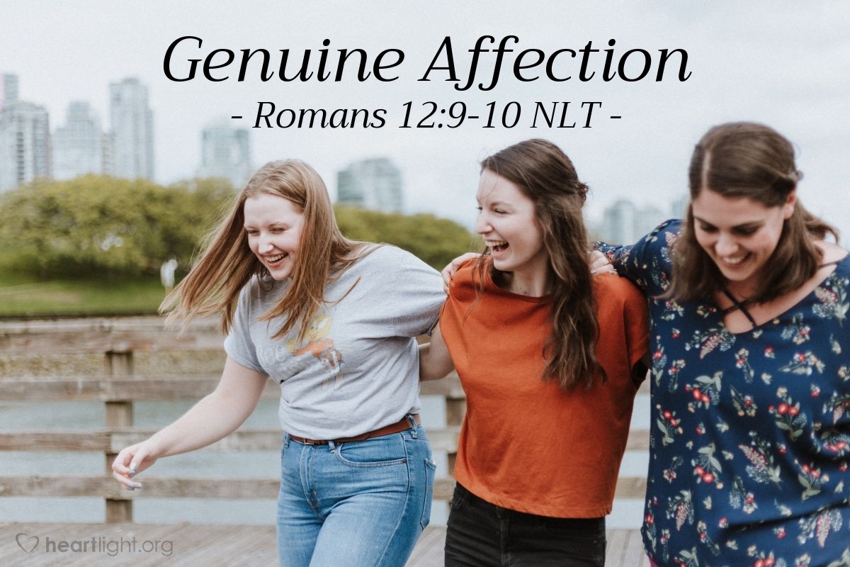 Illustration of Romans 12:9-10 NLT — Don't just pretend to love others. Really love them. Hate what is wrong. Hold tightly to what is good. Love each other with genuine affection, and take delight in honoring each other.