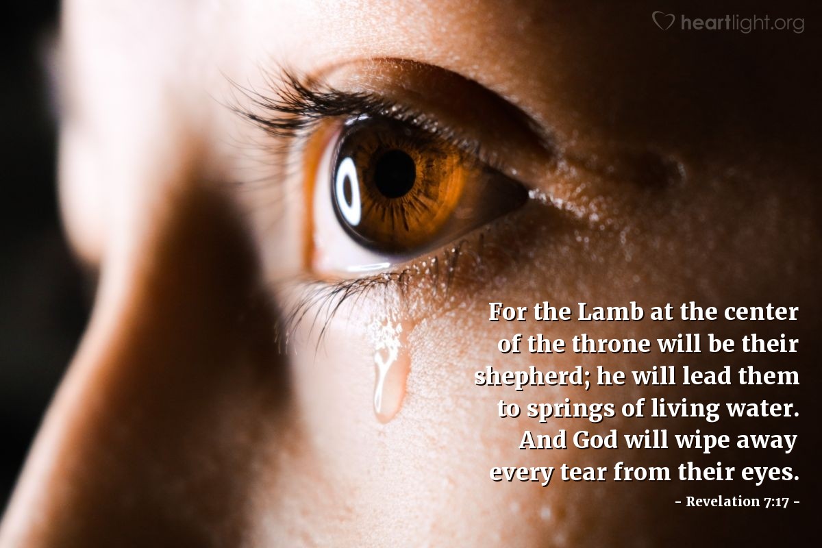 Illustration of Revelation 7:17 — For the Lamb at the center of the throne will be their shepherd; he will lead them to springs of living water. And God will wipe away every tear from their eyes.