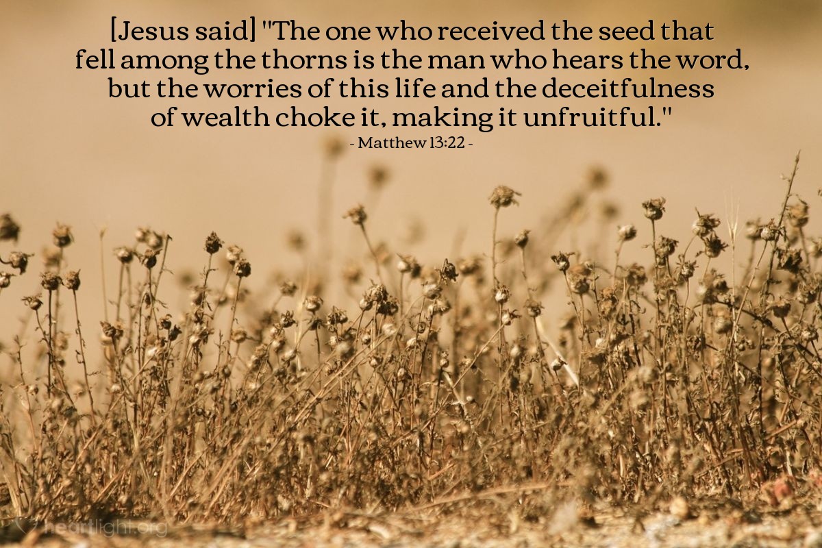 Matthew 13:22 | [Jesus continued explaining his parable of the soils, saying,] "The one who received the seed that fell among the thorns is the man who hears the word, but the worries of this life and the deceitfulness of wealth choke it, making it unfruitful."
