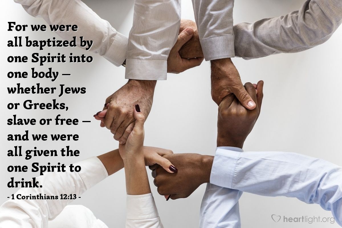 Illustration of 1 Corinthians 12:13 — For we were all baptized by one Spirit into one body — whether Jews or Greeks, slave or free — and we were all given the one Spirit to drink.