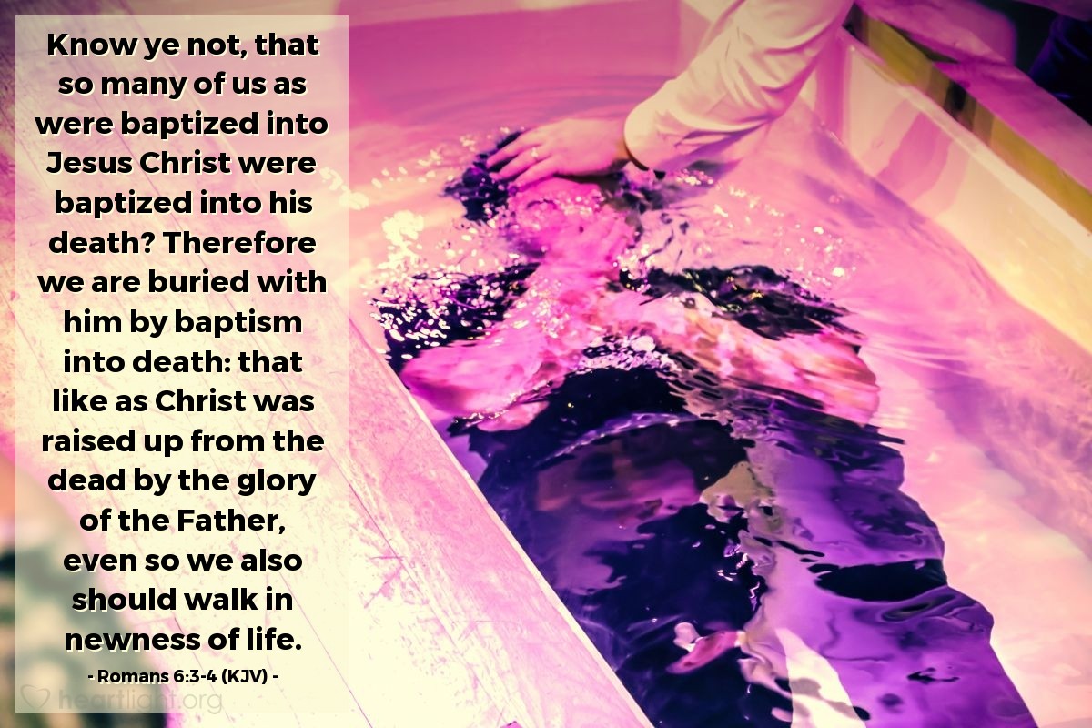Illustration of Romans 6:3-4 (KJV) — Know ye not, that so many of us as were baptized into Jesus Christ were baptized into his death? Therefore we are buried with him by baptism into death: that like as Christ was raised up from the dead by the glory of the Father, even so we also should walk in newness of life.

