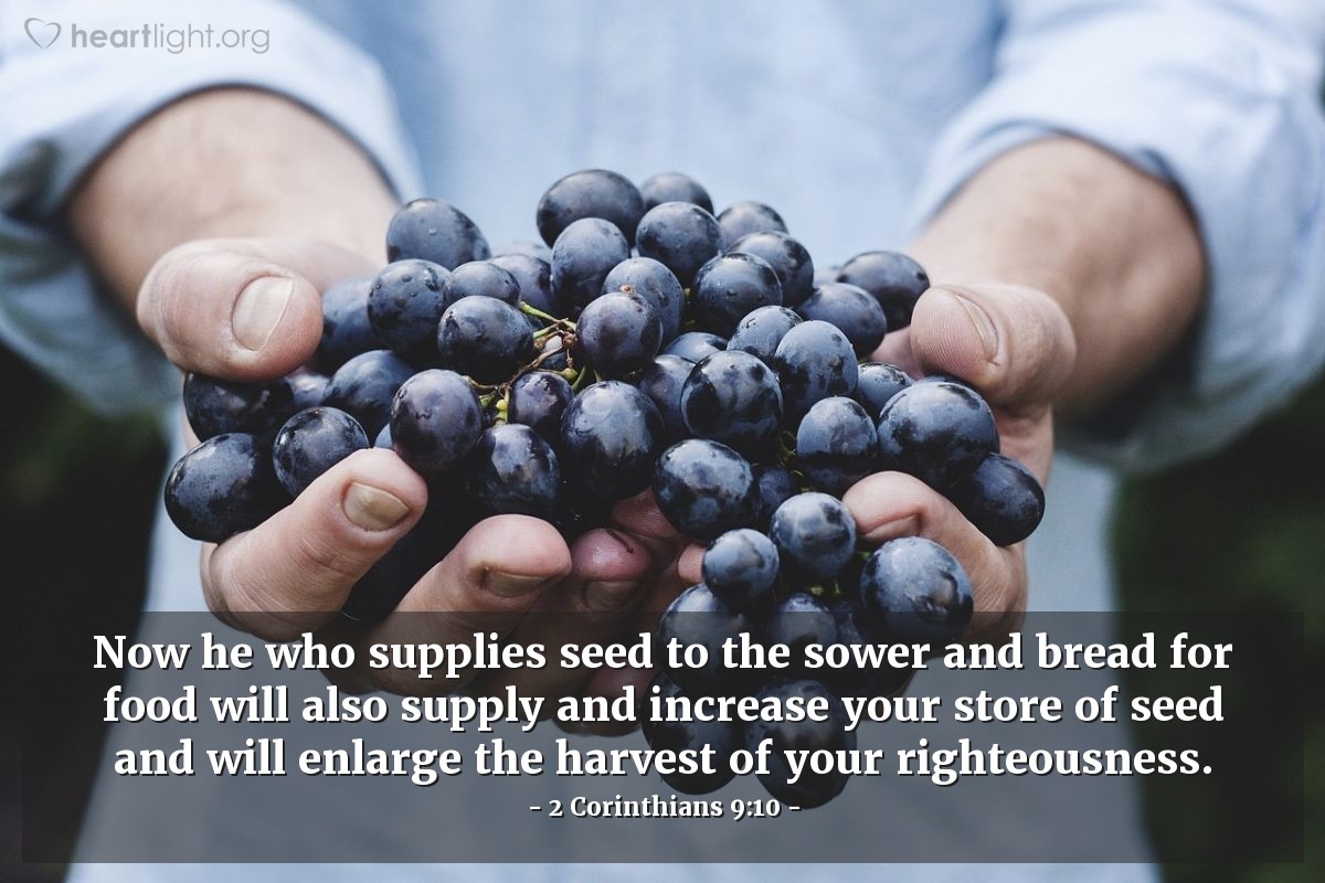 2 Corinthians 9:10 | Now he [God] who supplies seed to the sower and bread for food will also supply and increase your store of seed and will enlarge the harvest of your righteousness.