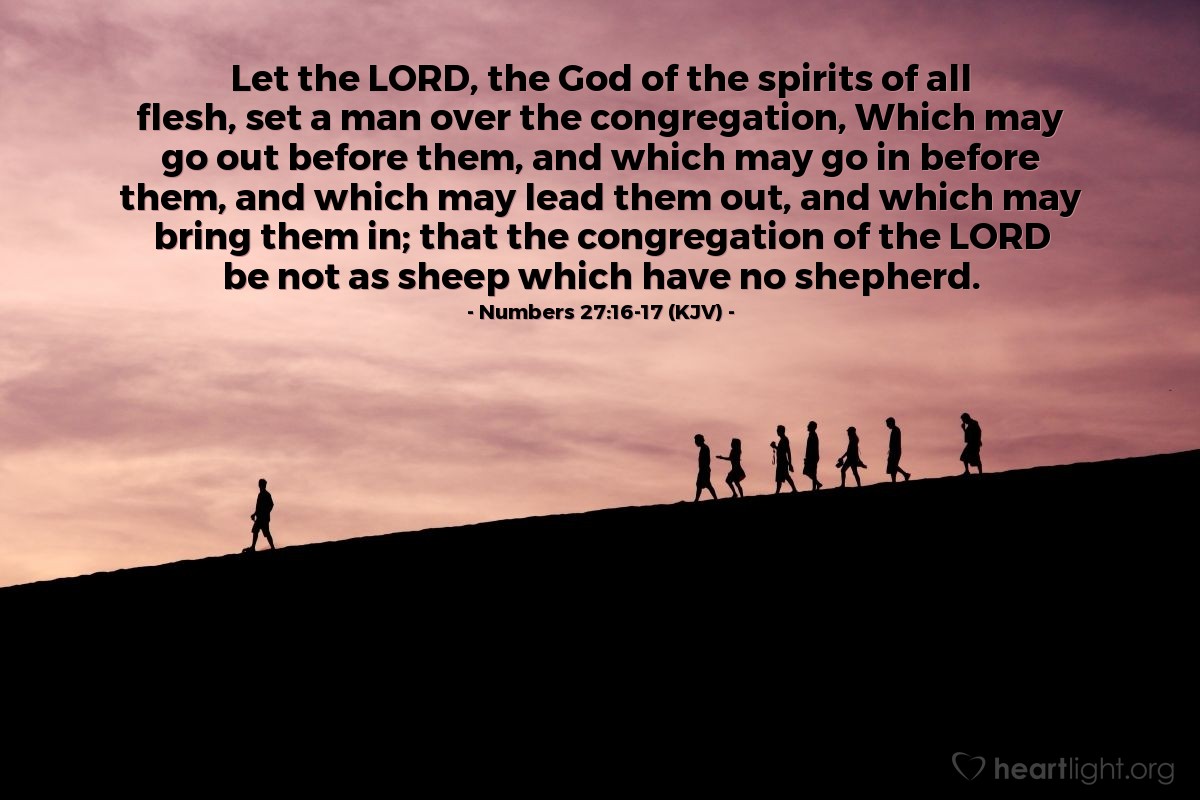 Illustration of Numbers 27:16-17 (KJV) — Let the Lord, the God of the spirits of all flesh, set a man over the congregation, Which may go out before them, and which may go in before them, and which may lead them out, and which may bring them in; that the congregation of the Lord be not as sheep which have no shepherd.