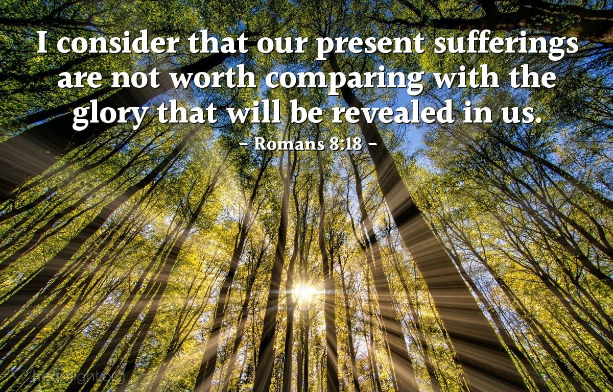 Romans 8:18 | I consider that our present sufferings are not worth comparing with the glory that will be revealed in us.