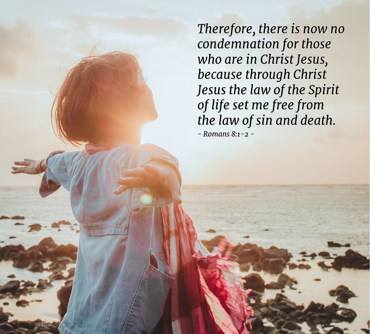 Illustration of Romans 8:1-2 — Therefore, there is now no condemnation for those who are in Christ Jesus, because through Christ Jesus the law of the Spirit of life set me free from the law of sin and death.
