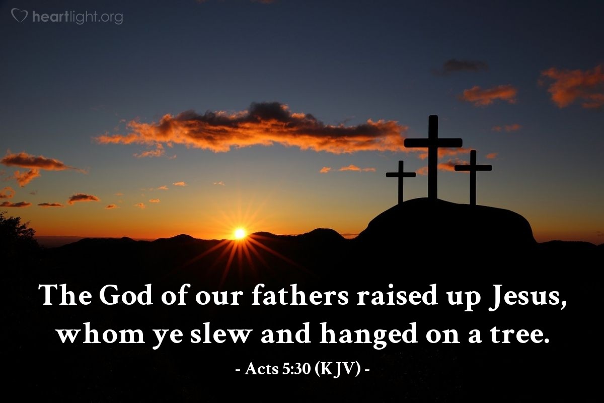 Illustration of Acts 5:30 (KJV) — The God of our fathers raised up Jesus, whom ye slew and hanged on a tree.