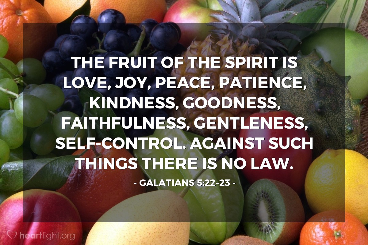 Illustration of Galatians 5:22-23 — The fruit of the Spirit is love, joy, peace, patience, kindness, goodness, faithfulness, gentleness, self-control. Against such things there is no law.