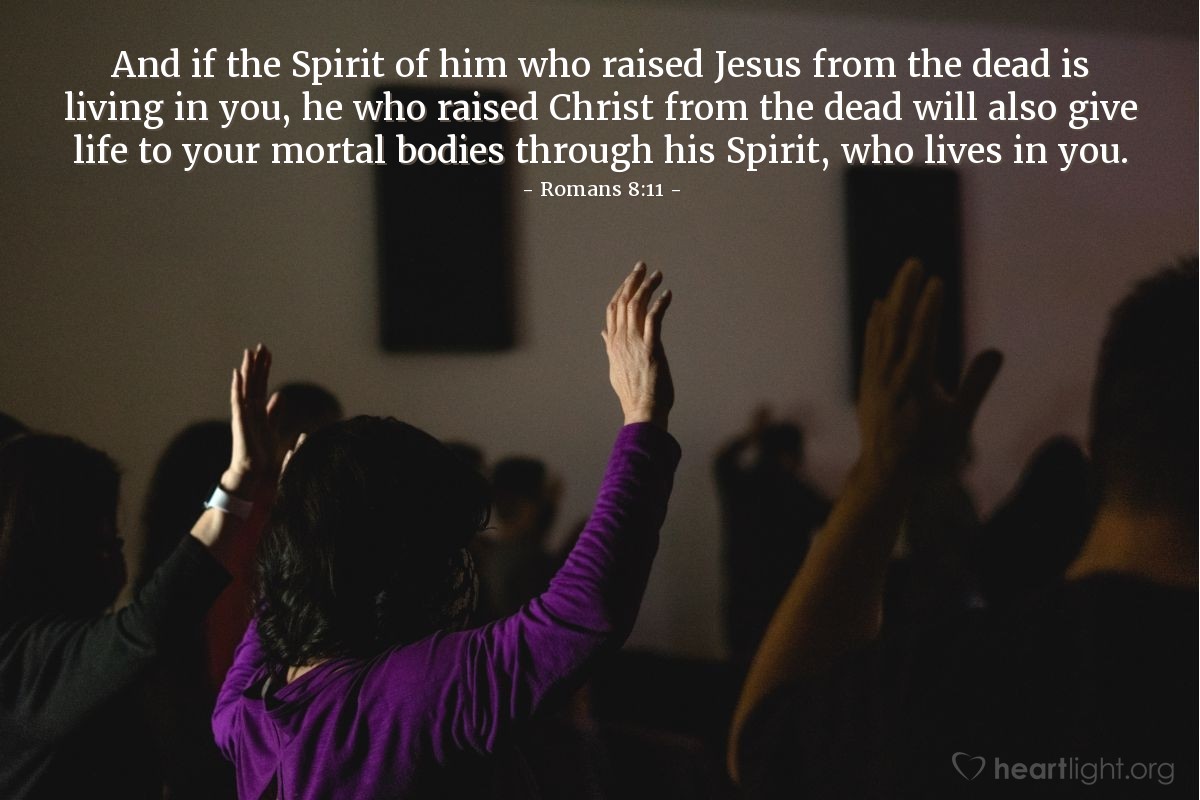 Romans 8:11 | And if the Spirit of him who raised Jesus from the dead is living in you, he who raised Christ from the dead will also give life to your mortal bodies through his Spirit, who lives in you.