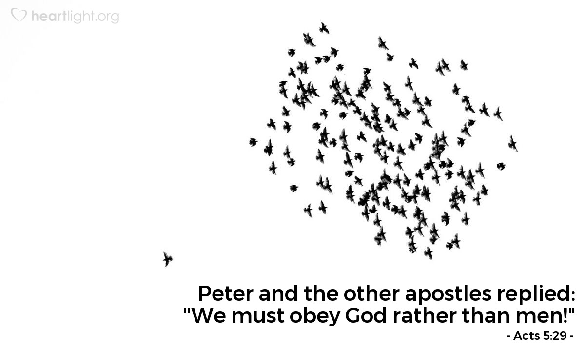 Illustration of Acts 5:29 — Peter and the other apostles replied [to their religious critics among the Sadducees, priests, and Sanhedrin]: "We must obey God rather than men!"