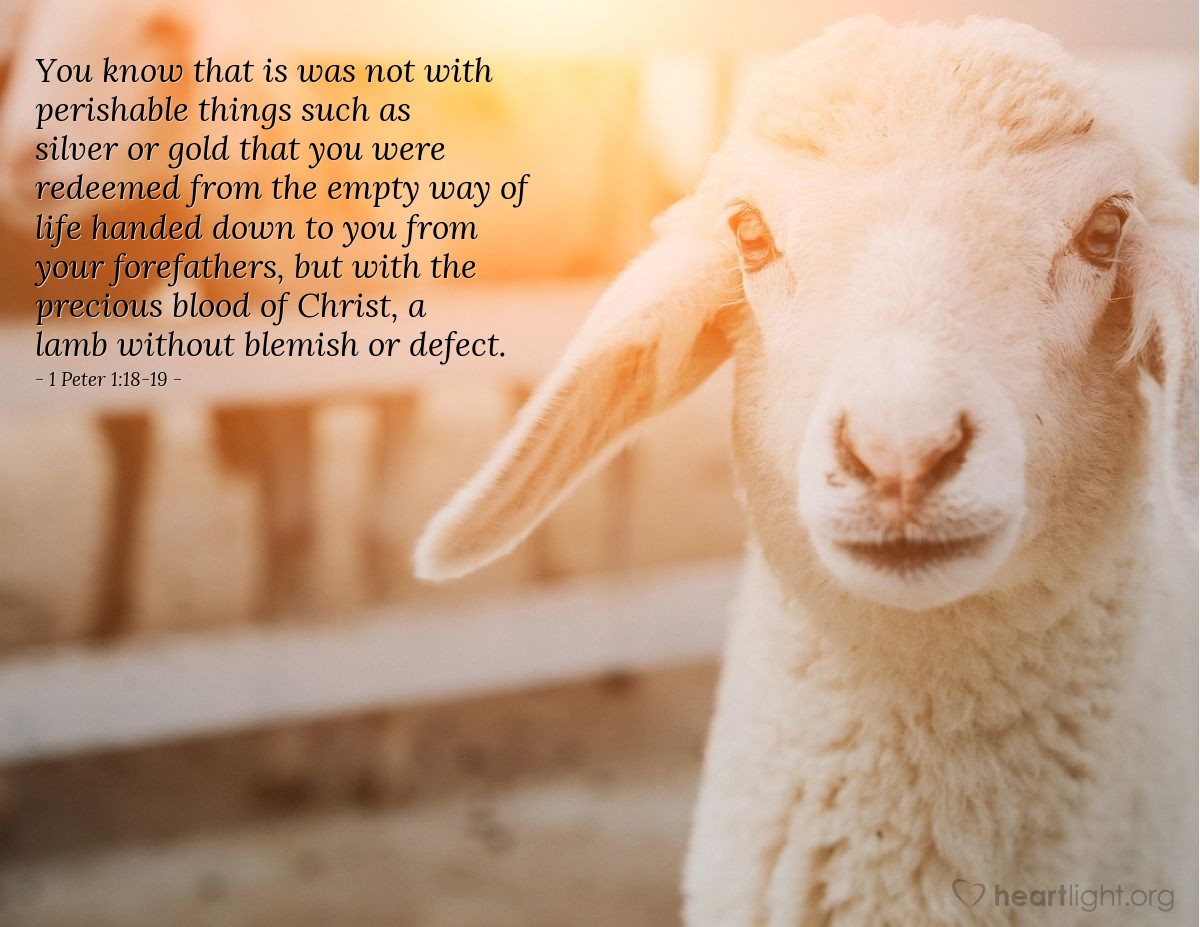 1 Peter 1:18-19 | You know that is was not with perishable things such as silver or gold that you were redeemed from the empty way of life handed down to you from your forefathers, but with the precious blood of Christ, a lamb without blemish or defect.