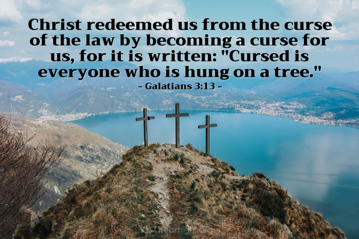 Illustration of Galatians 3:13 — Christ redeemed us from the curse of the law by becoming a curse for us, for it is written: "Cursed is everyone who is hung on a tree." 