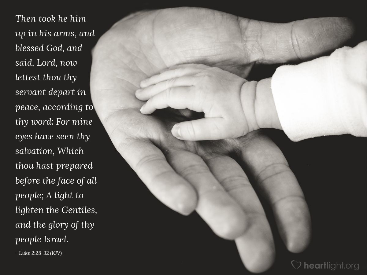 Illustration of Luke 2:28-32 (KJV) — Then took he him up in his arms, and blessed God, and said, Lord, now lettest thou thy servant depart in peace, according to thy word: For mine eyes have seen thy salvation, Which thou hast prepared before the face of all people; A light to lighten the Gentiles, and the glory of thy people Israel.