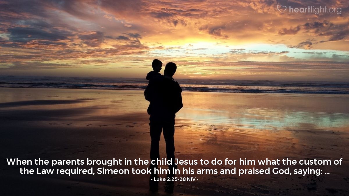 Illustration of Luke 2:25-28 NIV —  When the parents brought in the child Jesus to do for him what the custom of the Law required,  Simeon took him in his arms and praised God, saying: ...