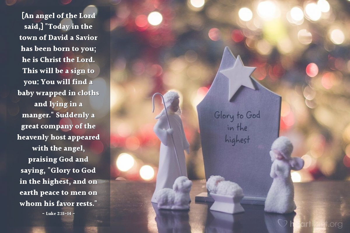 Luke 2:11-14 | [An angel of the Lord said,] "Today in the town of David a Savior has been born to you; he is Christ the Lord. This will be a sign to you: You will find a baby wrapped in cloths and lying in a manger." Suddenly a great company of the heavenly host appeared with the angel, praising God and saying, "Glory to God in the highest, and on earth peace to men on whom his favor rests."