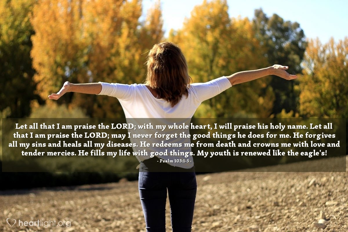 Illustration of Psalm 103:1-5 — Let all that I am praise the Lord; with my whole heart, I will praise his holy name. Let all that I am praise the Lord; may I never forget the good things he does for me. He forgives all my sins and heals all my diseases. He redeems me from death and crowns me with love and tender mercies. He fills my life with good things. My youth is renewed like the eagle's!